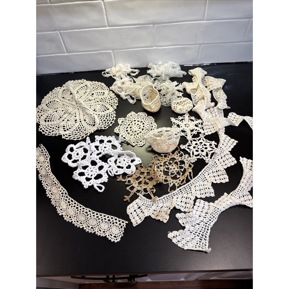 20 Hand Crochet Doilies Cotton Crocheted Lace Vintage Lace Ornaments Estate Find